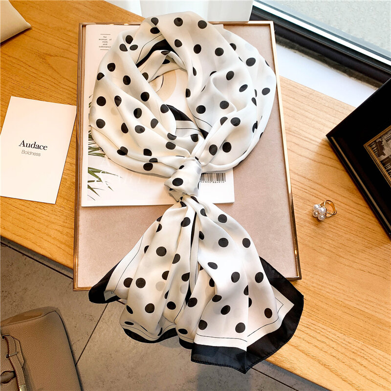 Foulard Vintage en Satin et soie pour femmes, élégant, slim, imprimé à pois, pour le cou, châles enveloppés, cravate, Bandana, 2021