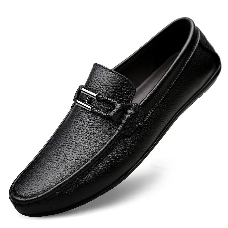 Mocasines informales de piel auténtica para hombre, zapatos planos para caminar, color negro, para primavera y verano