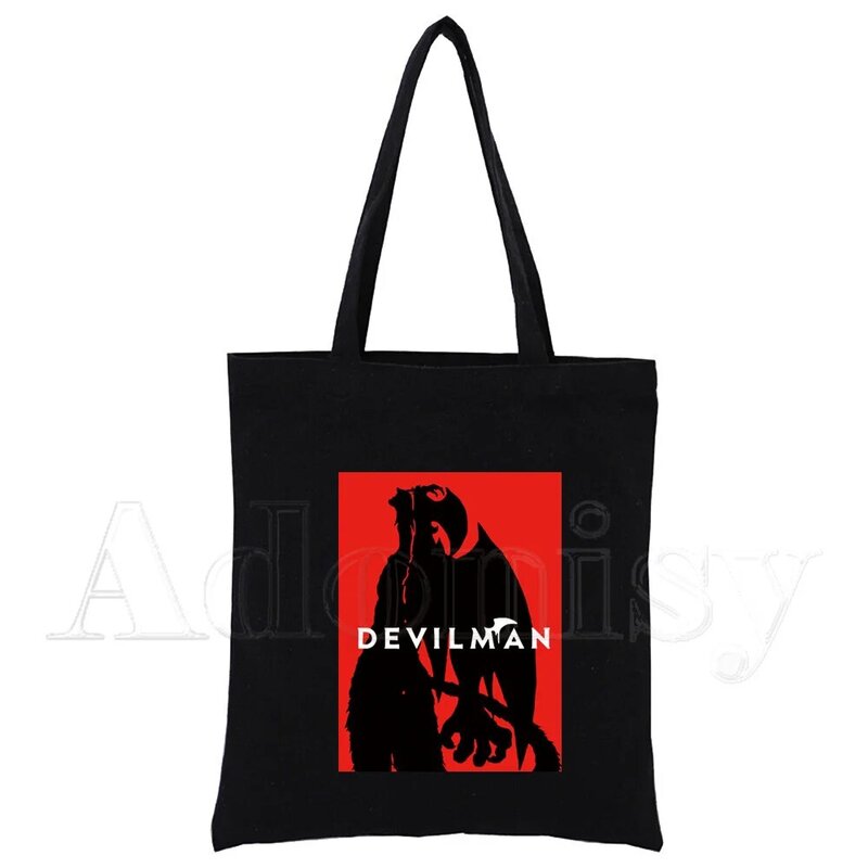 Devilman Crybaby Anime Canvas Black Shopping Tote Bag Reusable Shoulder Cloth Book Bag Gift Handbag