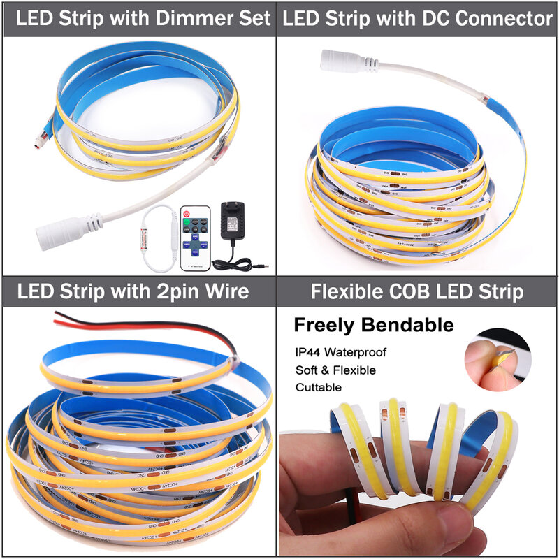 DC12V Dimmable COB LED Strip Light High Density 284 528LEDs Linear Rope Light Flexible FOB LED Ribbon Tape RA 90 Soft COB Tape