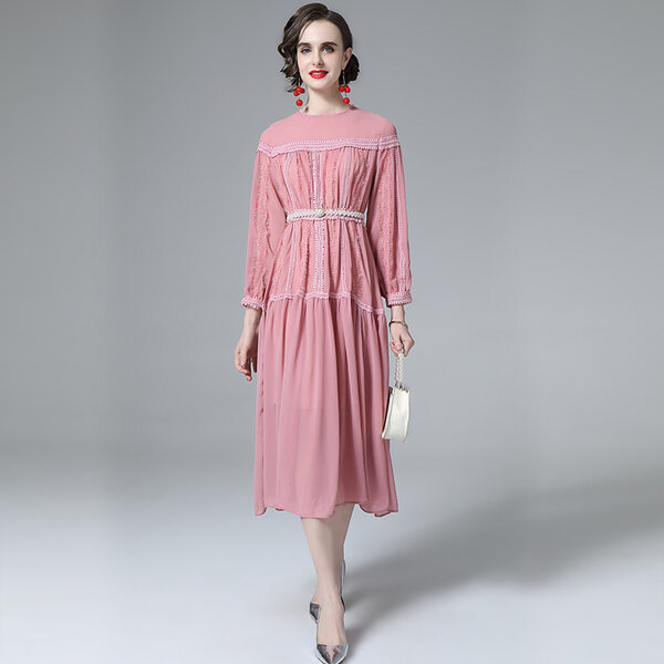 Vestido Midi elegante de moda para mujer, vestido de gasa de encaje Rosa, con cinturón de perlas, 2022