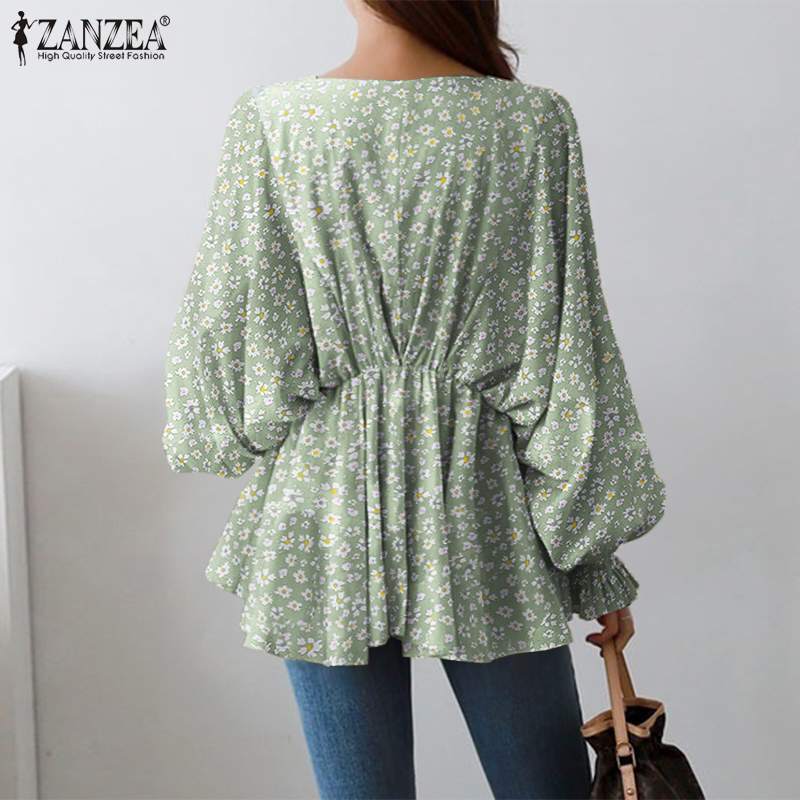 ZANZEA-Blusa de manga abombada con estampado Floral para mujer, camisa informal de gran tamaño con cuello en V, 2021