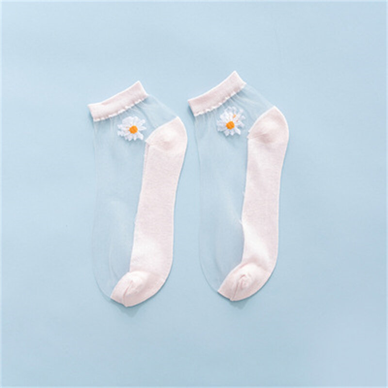 Calcetines tobilleros ultrafinos para mujer, medias elásticas transparentes con bordado de margaritas, de seda, para verano, 1 par