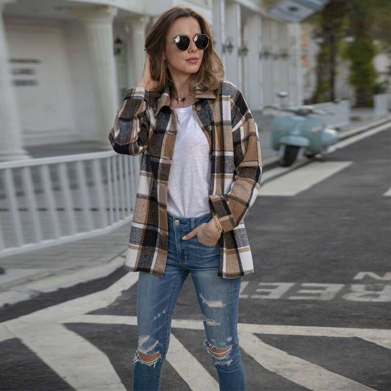 Vrouwen Casual Plaid Shirts Herfst Straat Temperament Europese Amerikaanse Lange Mouwen Revers Blouse Single-Breasted Alle-Match shirt