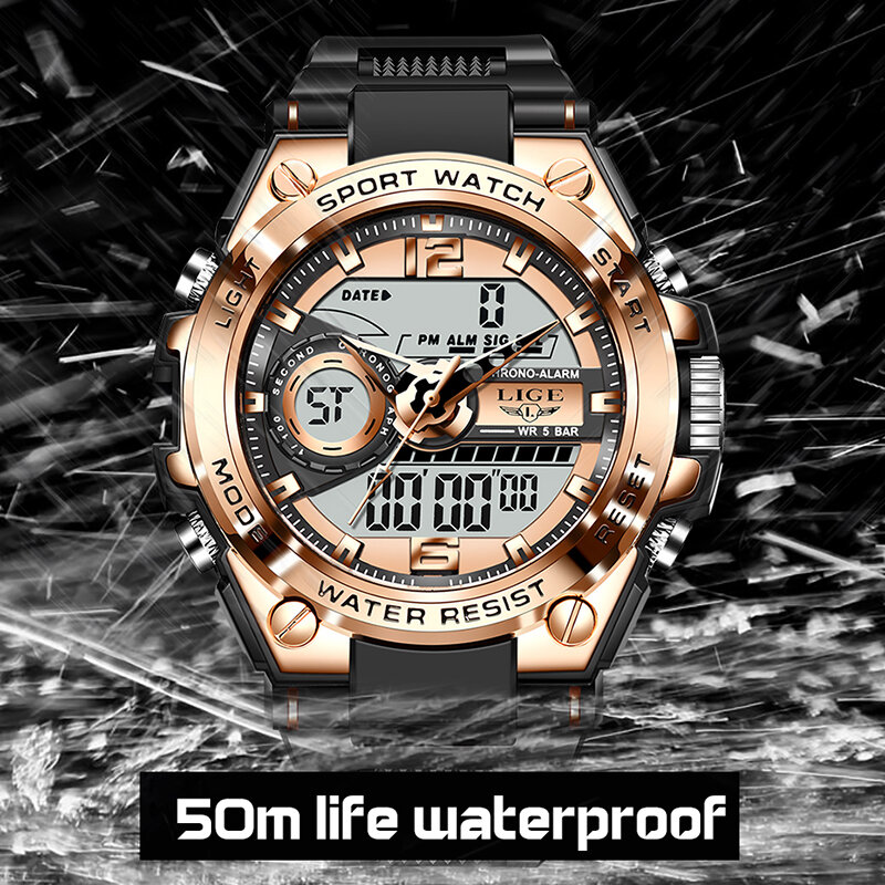2021 LIGE الرياضة الرجال كوارتز ساعة رقمية الإبداعية الغوص الساعات الرجال مقاوم للماء المنبه المزدوج عرض ساعة Relogio Masculino