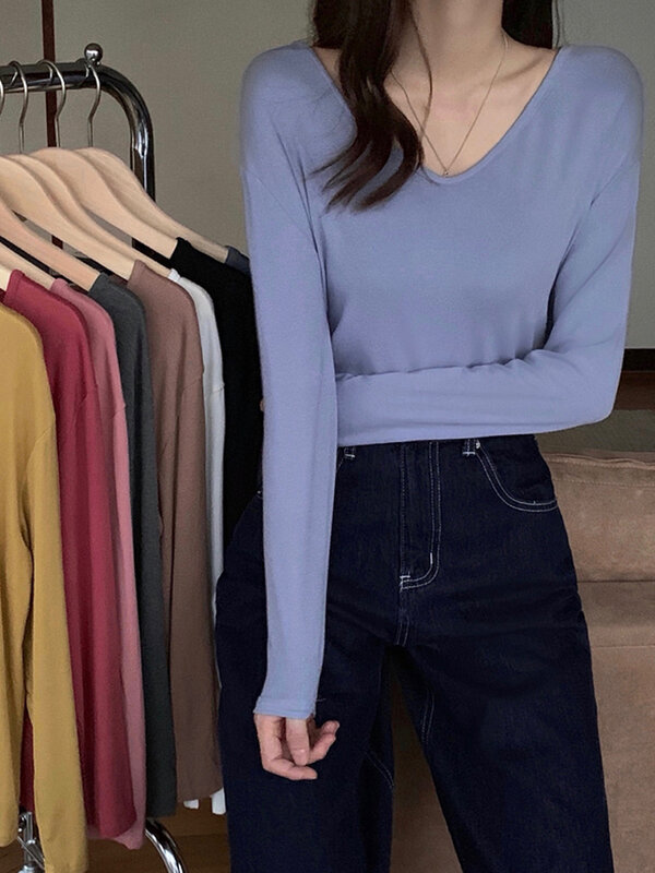 Sweter z dzianiny z dekoltem w serek długi rękaw damski 2021 nowa wczesna jesień wersja koreańska Slim Fit zewnętrzna koszulka z dnem damska