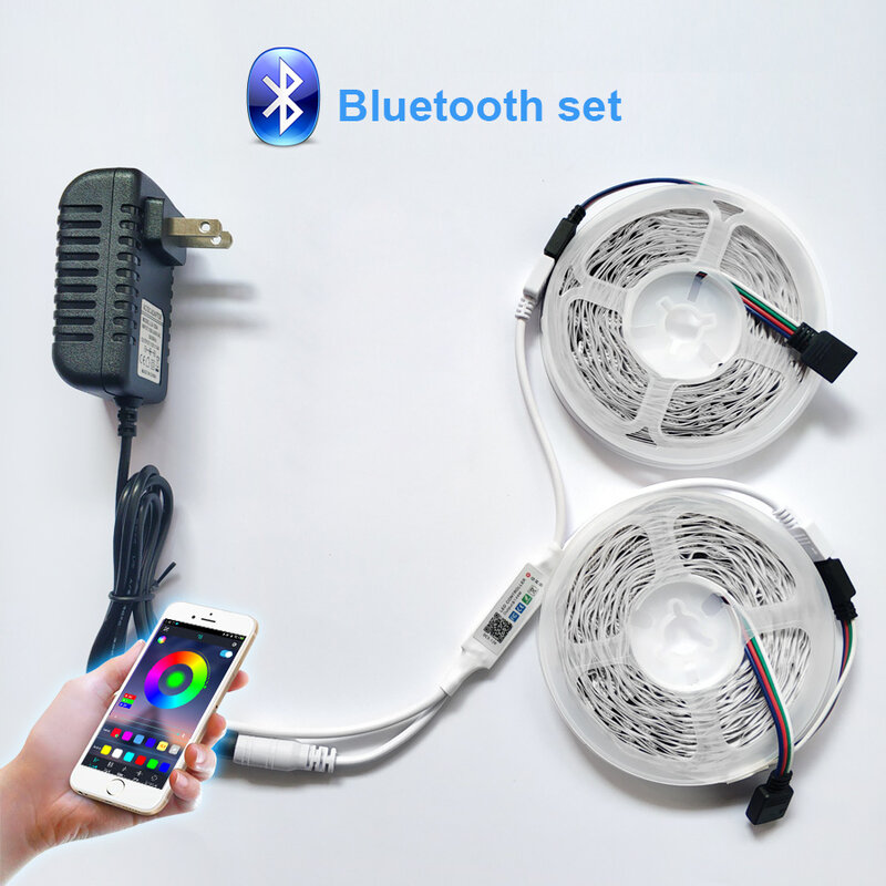 Tira de luces LED RGB 5050 con control bluetooh + mando + adaptador, cinta luminosa flexible de diodo, SMD 2835, 12V, 5M/10M