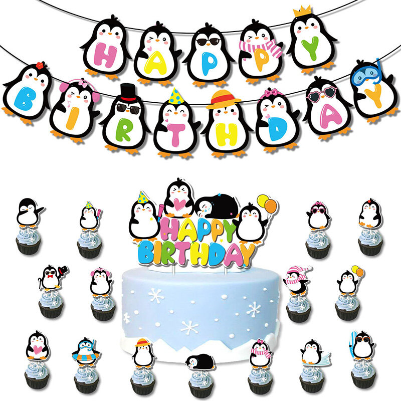 Ballons De Fete A Theme Pingouin 39 Pieces Ensemble Decoration De Gateau Banniere D Anniversaire Reception Cadeau Pour Bebe Fourniture De Decor De Fete D Anniversaire Articles De Fete