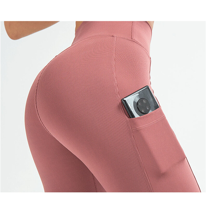 Calça legging push-up com bolso., jaqueta de ginástica feminina sem costura e cintura alta para exercícios e corrida.