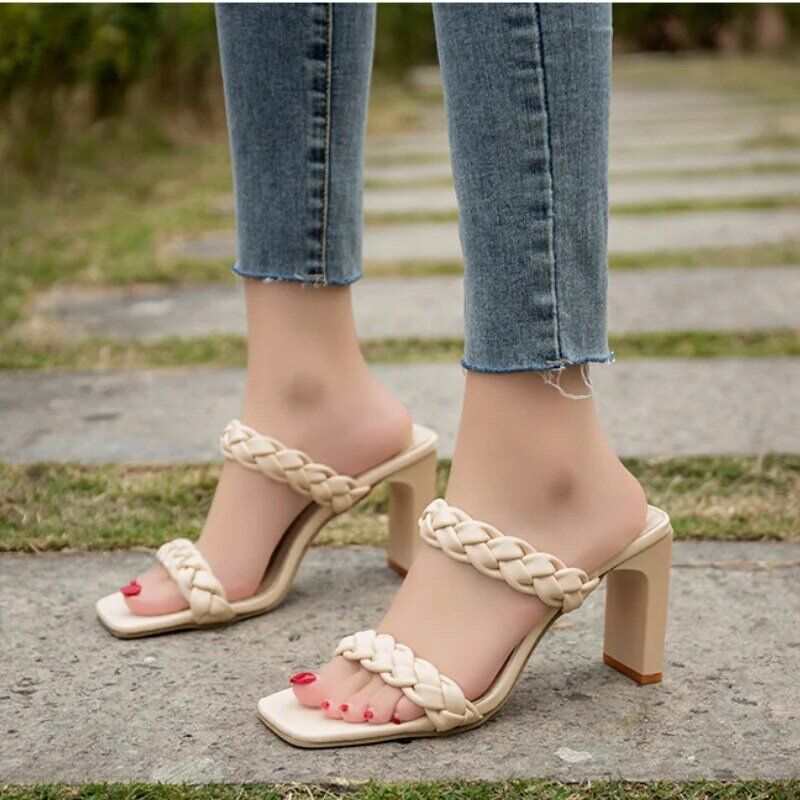 Sandalias de tacón alto con punta abierta para Mujer, calzado de talla grande, moda europea, Material tejido, novedad de verano 2021