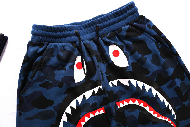 2021ใหม่ Bape คุณภาพสูง Shark Head High Street Terry Capris กางเกง Harajuku กีฬากางเกงขาสั้นพิมพ์เสื้อผ้าว่ายน้ำ