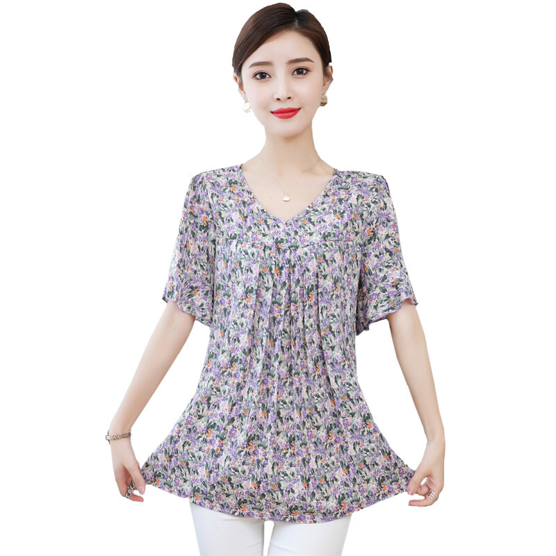 여성용 플러스 사이즈 블라우스 5xl 꽃 더블 레이어 탑스 캐주얼 패션 반소매 2021 여름 루스 v 넥 쉬폰 셔츠
