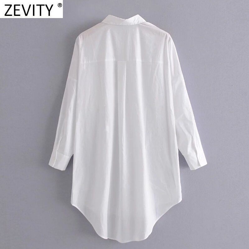 Zevity New Women Simply Pocket Patch Casual camicetta lunga da donna camicia da lavoro a maniche lunghe Chic Femme petto Blusas top LS7346
