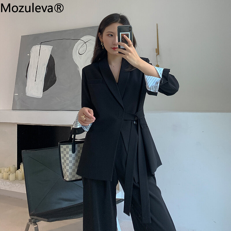Mozuleva-Conjunto de dos piezas Vintage para mujer, conjunto con americana con cordones, chaqueta con muescas y pantalón holgado, traje con pantalón femenino 2020