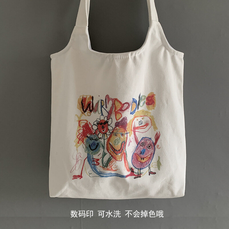 Canvas Tote Bag Grocery Shoulder Bag Cartoon Print Zipper Handbag Reusable