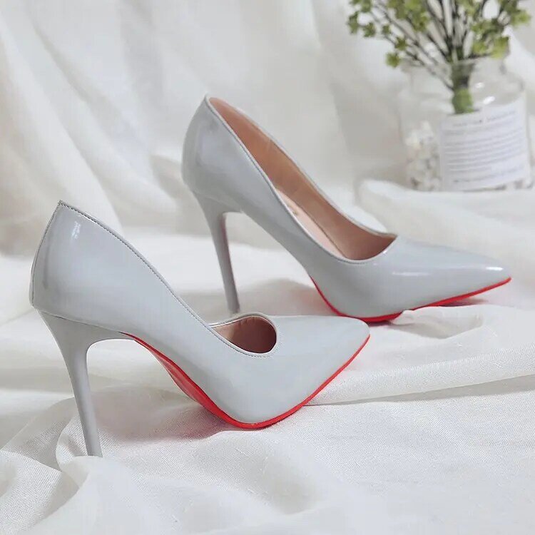 Nude Color Small Fresh High Heels Patent Leather Stiletto Single Shoes Korean Sexy Pointed Pumps Black Professional Work Shoes