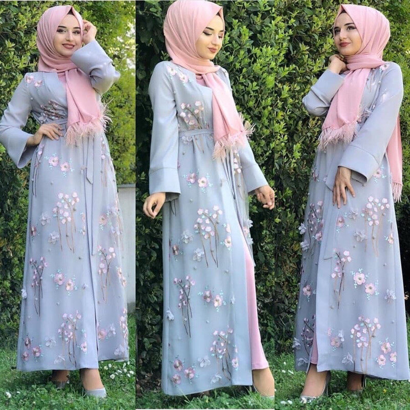 Hoa Abaya Kimono Hồi Giáo Phụ Nữ Hồi Giáo Jilbab Hijab Đầm Thêu Abaya Caftan Dubai Maroc Hồi Giáo Quần Áo