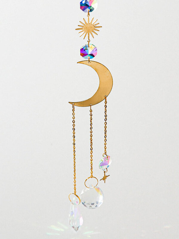 Carillon éolien en cristal, perles colorées, pendentif de lune, étoile, soleil, suspension murale, style Boho, pour jardin extérieur