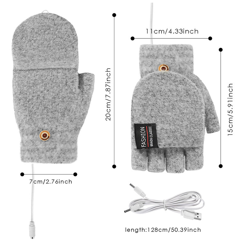 2-Side Heating Convertible Fingerless Glove USB Electric Heated Gloves Knitted Mittens Adjustable Heat Waterproof Cycling Skiing