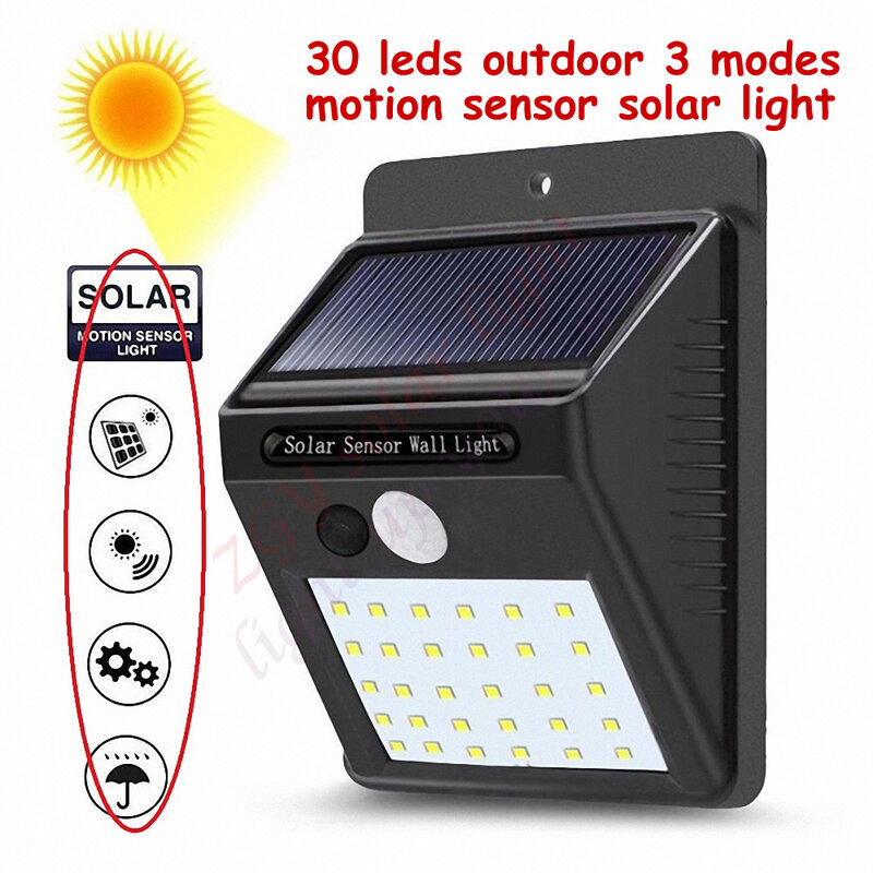 Lámpara de pared con Sensor de movimiento PIR para exteriores, luz LED alimentada por energía Solar para jardín, impermeable, con Cable ene, 30 LED, 1-4 Uds.