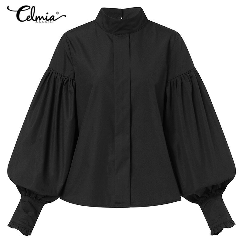 Celmia-Blusa holgada informal para mujer, camisa de manga farol con cuello levantado, ropa de calle lisa, talla grande, 2022