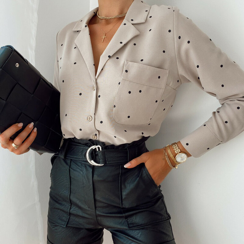 Kieszenie Polka Dot wydrukowano Casual kobiety bluzka damska z długim rękawem skręcić w dół kołnierz praca w biurze moda 2021 jesienne topy