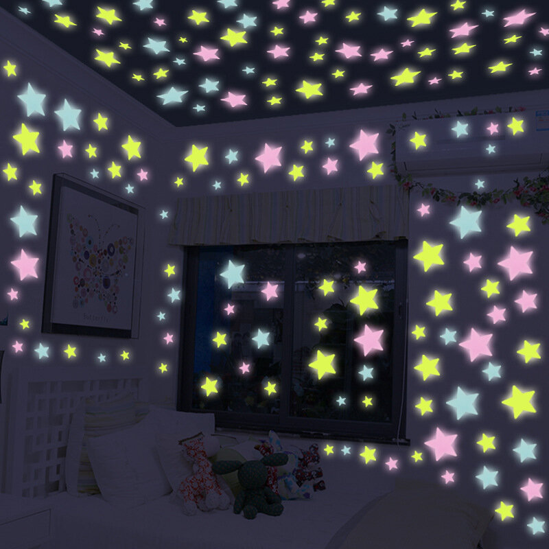 Наклейки на стену с 3d-звездами и луной, флуоресцентные, светится в темноте светящиеся, для детской спальни, декор для потолка наклейки