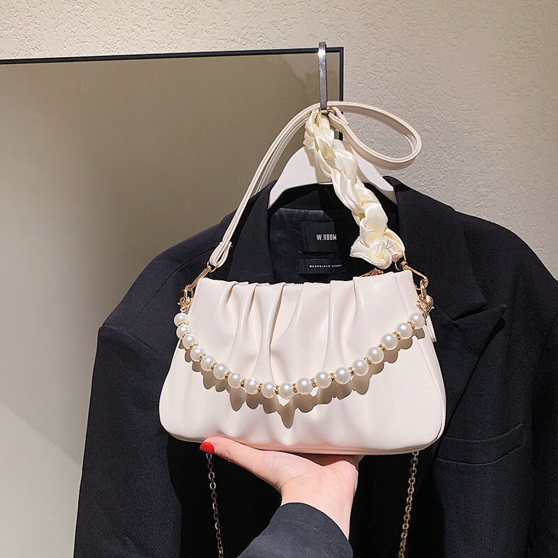 Weiche Leder Wolke Tasche für Frauen Perle Kette Umhängetasche Luxus Handtasche Einzelnen Schulter Tasche Knödel Clip Geldbörse Achselhöhle Taschen