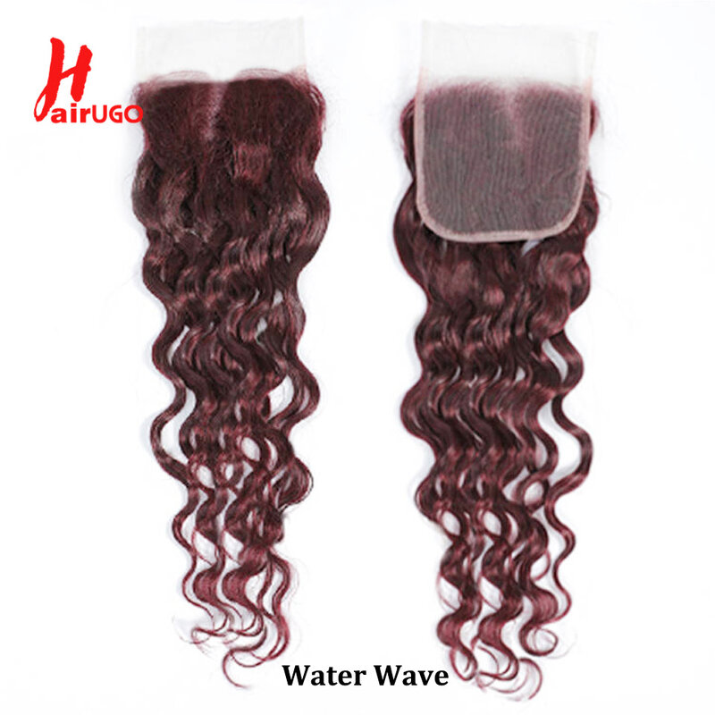 HairUGo Brazilian 99J Water Wave Hair Closures 4X4 Lace Closure 10''-22'' 100% Human Hair Closure With Baby Hair Remy Hair