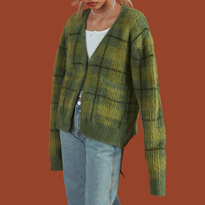 Green Plaid Cardigan Fuzzy Knit Front Button Cropped TY Cardigan Harajuku Women e-Girl Aesthetic Y2K Streetwear /