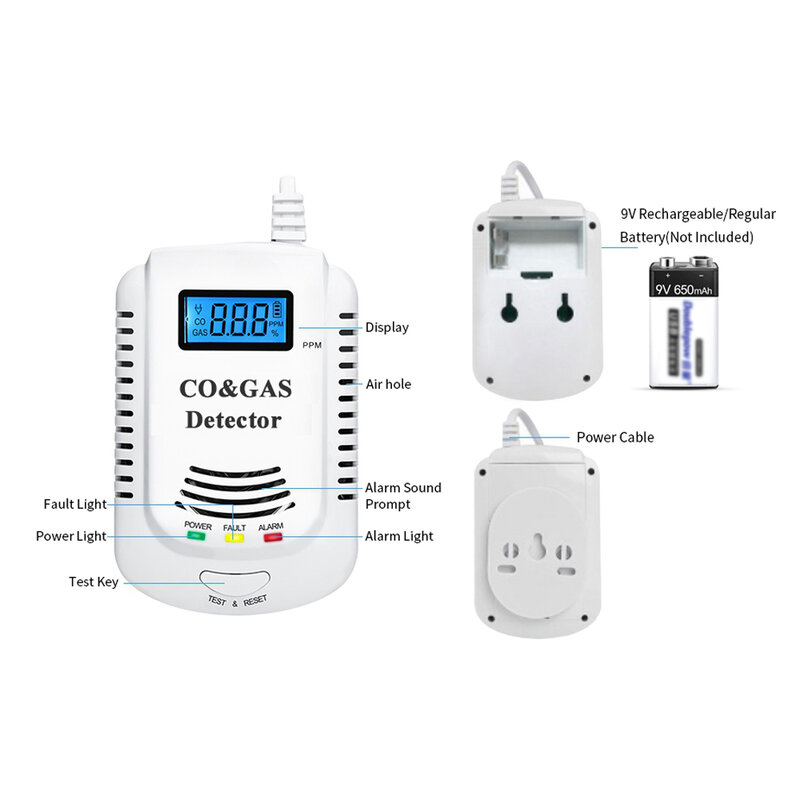 Novo detector de gás lpg alarme sensor monóxido de carbono digital display led natural vazamento combustível 2 em 1 sistema de alarme para casa