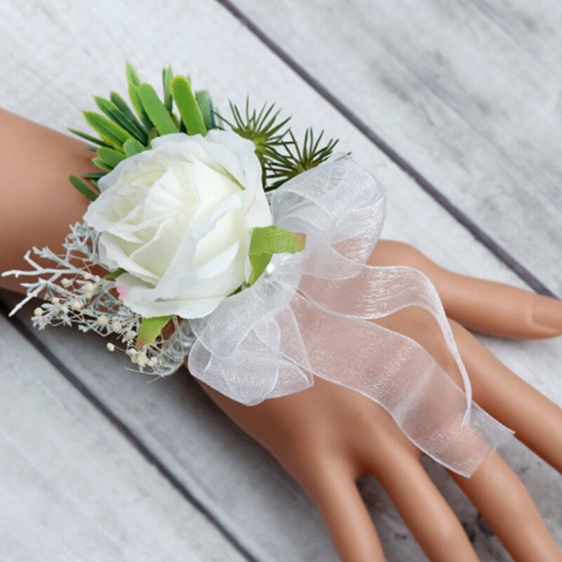 Ivory Rose Boutonniere Groom Groomsmen White Wedding Prom Bridal Shower Party Rose Wrist Corsage Bracelet For Bridesmaid