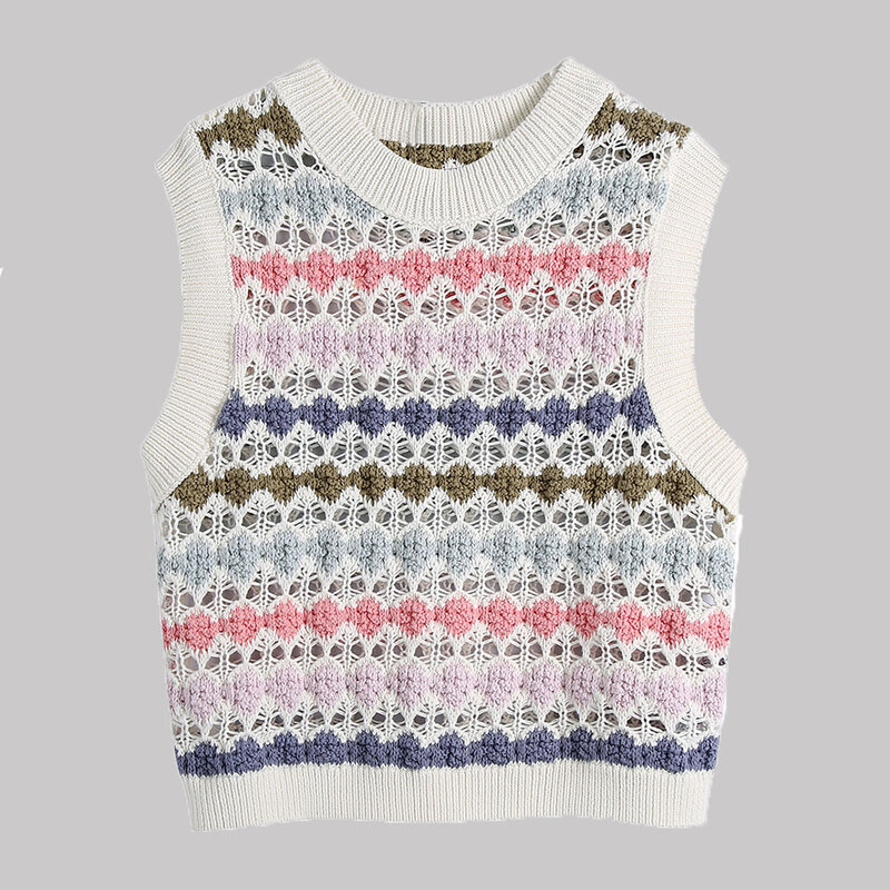 Women's Sweater Vest Autumn 2021 Round Neck Sleeveless Colorful Hollow Crochet Knitted Vest College Style Sweet Girl's Clothes