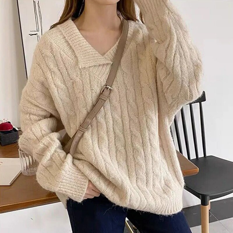 Women Sweaters And Pullovers Autumn Turndown Collar Mid-Length Loose Plain Knitted Top Korean Fashion Lady's Winter Clothes