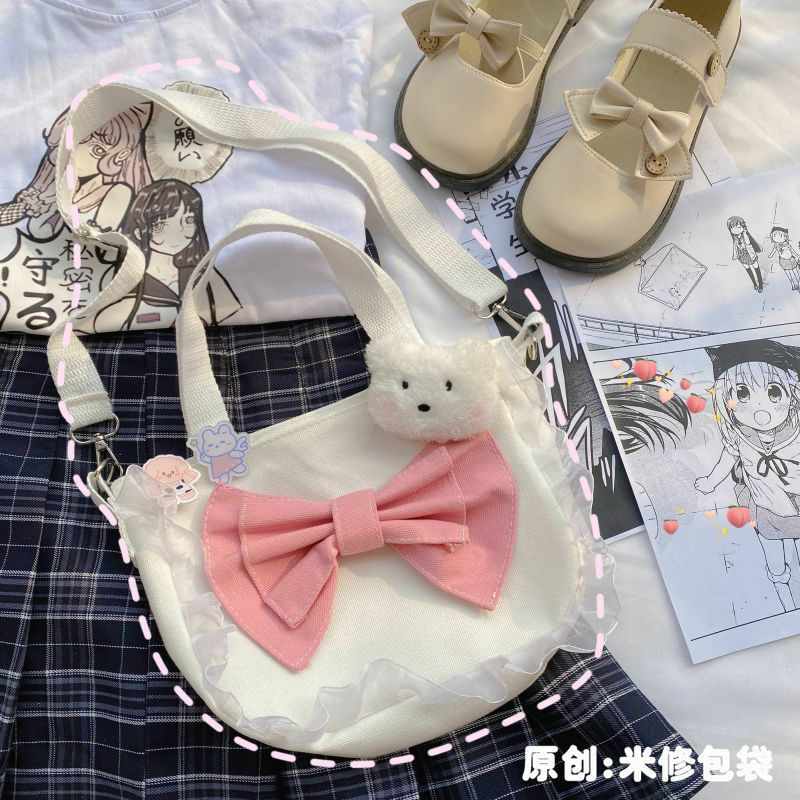 HOUZHOU – sac à main en toile JK Kawaii pour femmes, sac à bandoulière Lolita avec nœud, sac à épaule Harajuku japonais de voyage fantaisie