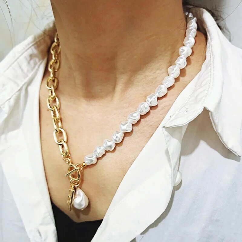 KMVEXO – Collier avec chaîne de perles et maillons irréguliers, pour femme, bijou baroque vintage style punk à pendentif géométrique, 2020
