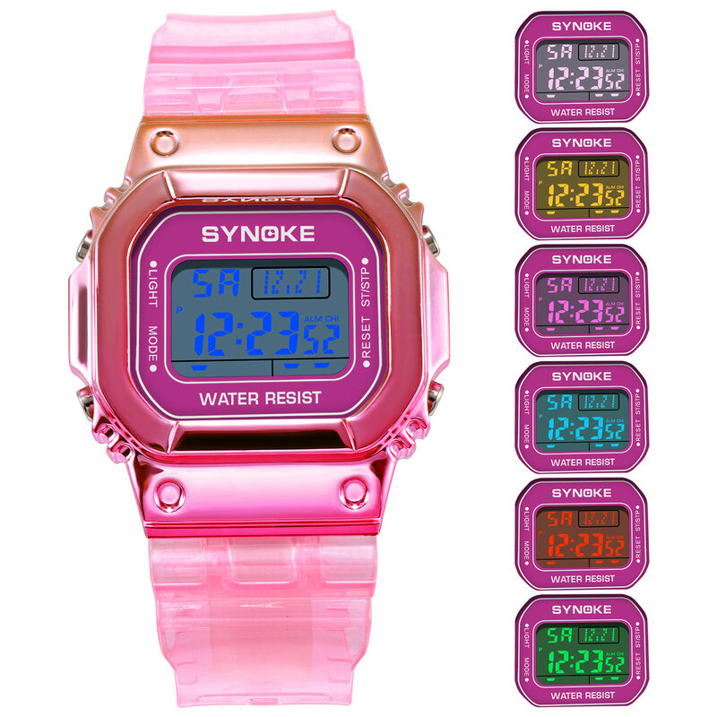 SYNOKE Casual ผู้หญิงนาฬิกาแฟชั่นสีสันนาฬิกากันน้ำจอแสดงผล LED นาฬิกาปลุกดิจิตอลนาฬิกา Reloj Mujer