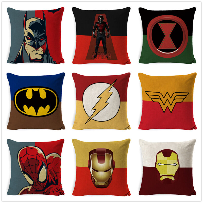 DISNEY Marvel Super Heroes cuscino di lino federa Superman SpiderMan Iron American Flash Home Decor Para Cojines 45x45cm