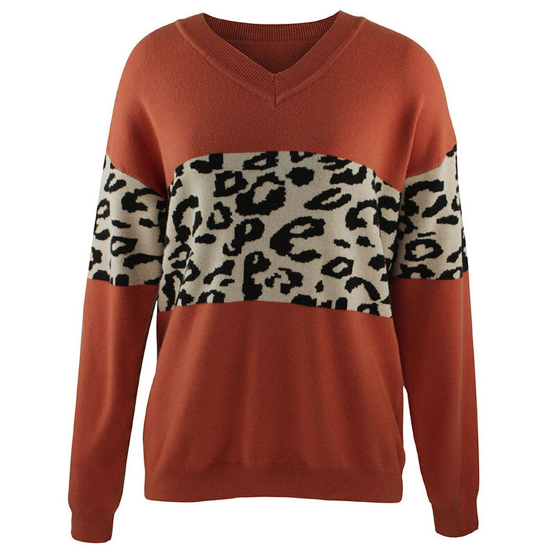 SEBOWEL Herbst frauen Casual Langarm Gestrickte Pullover Pullover Weibliche Leoparden-print Farbe Block Lose Pullover Tops Kleidung