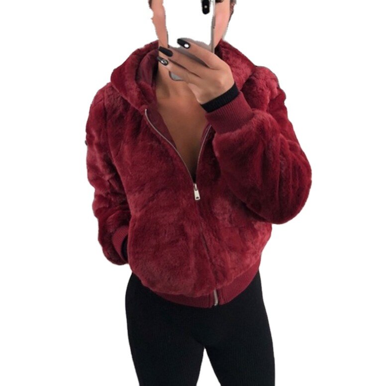 2021 Autumn And Winter Women's Clothing European And American Popular Women's Hooded Rabbit Fur Faux Fur Plush Cardigan Coat