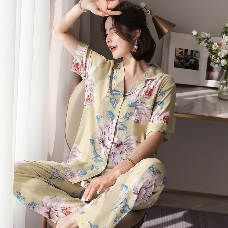 Poplin Pajamas Women's Spring and Summer Thin Artificial Cotton Home Wear Elegant Little Sister Large Size Bourette Suit