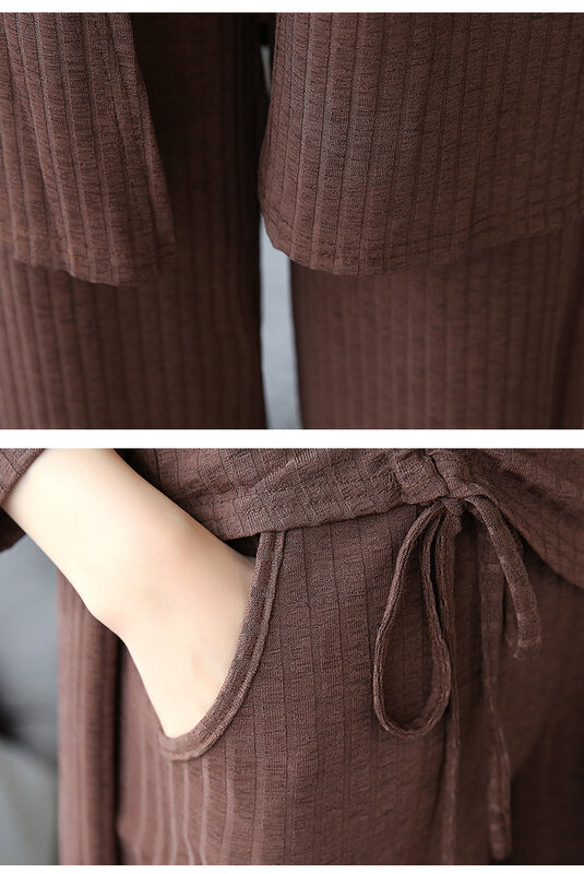Set Wanita 2022 Musim Gugur Mode Baru Kaus Tanpa Lengan Rajutan + Mantel Panjang + Kasual Elegan Kaki Lebar Sembilan Celana Tiga Set