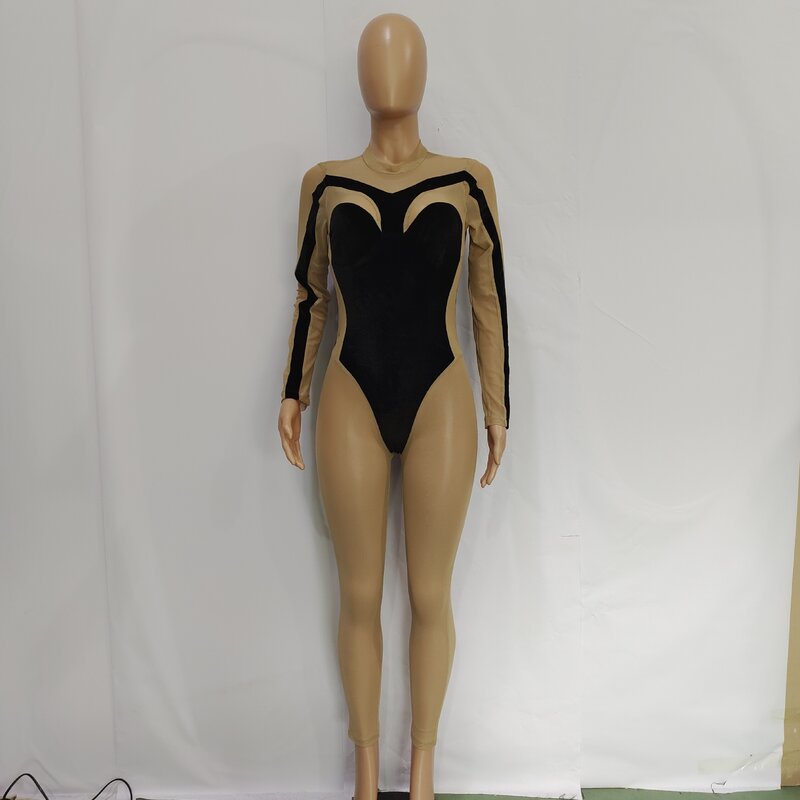 Casual Women Jumpsuit Sheer Mesh Skinny Color Patchwork Velvet Playsuit Bodysuit Long Romper Women Jumpsuit Overalls