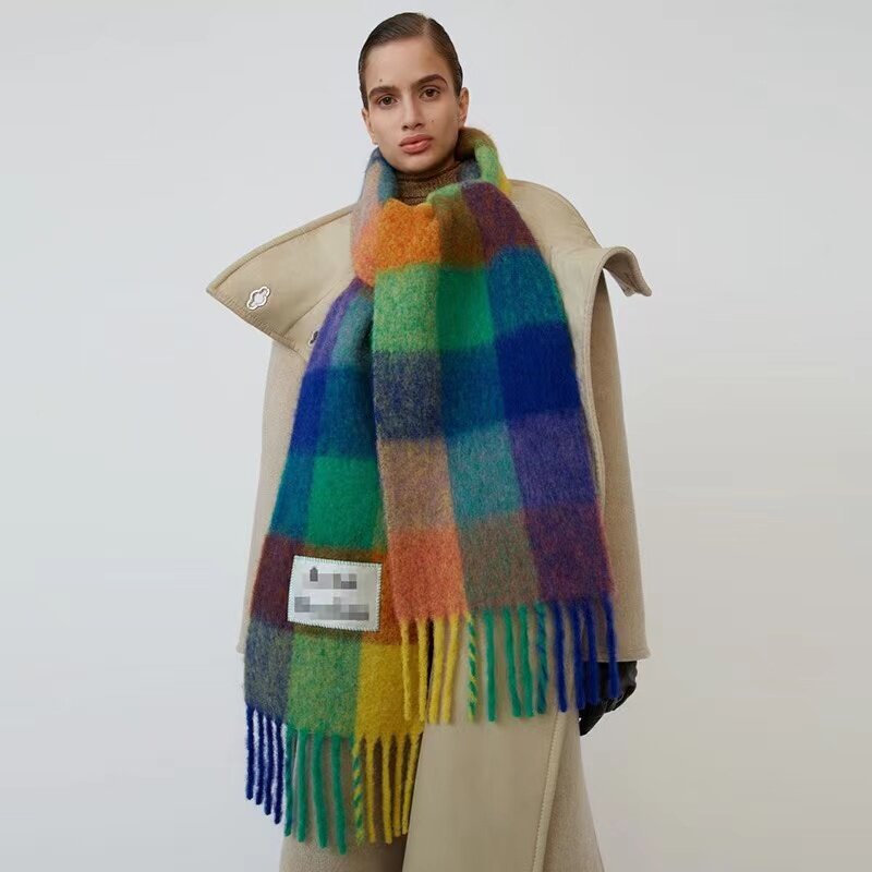 Студийный стиль, кашемировый шарф, дизайнерский шарф-одеяло от акне, женский стиль, цветная клетка