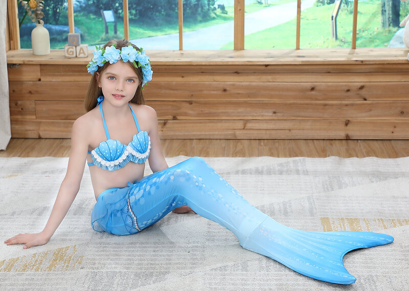 Kids Mermaid Staart Badpak Met Vinnen Tops Bikini Pak Meisjes Monofin Swimmable Halloween Kostuums Cosplay Zwemmen Flipper