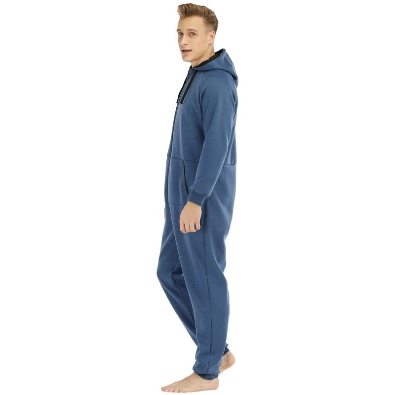 Men Warm Hooded Onesie With Zipper Home Sleep Loungewear Adult Sleepwear One Piece Pyjamas Male Jumpsuits Onesies For Adult Men