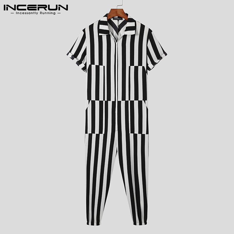 Fashion Casual Style New Men Streetwear Hot Sale Jumpsuit Loose Comfortable Male White&Black Striped Onesies 2021 S-5XL INCERUN