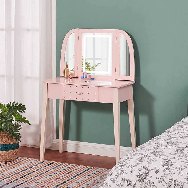 Tavolo da toeletta a LED specchi ripiegabili sgabello gratuito mobili da camera da letto Girly rosa tavolo da specchio per illuminazione regalo per la famiglia di trucco