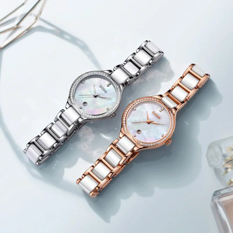 Relógios femininos dom marca de luxo moda cerâmica pulseira diamante relógio de pulso vestido senhoras genebra quartzo relógio G-1271