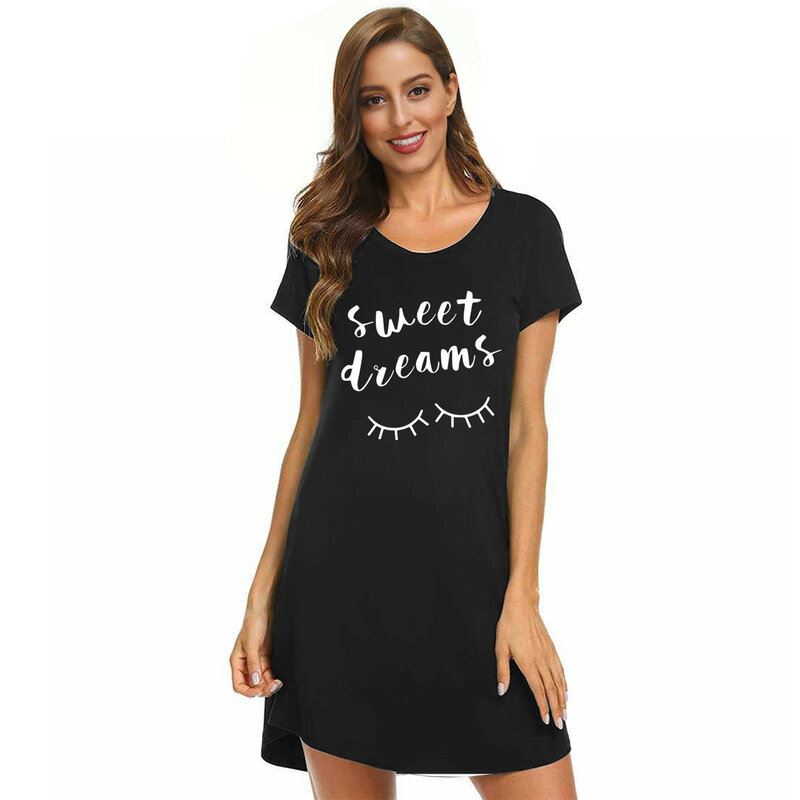Women Nightgowns Sleeping Short Sleeve Sleep Dress Cute Print Night Sleepshirts Comfy Sleepwear Loose Comfortable Homewear T3